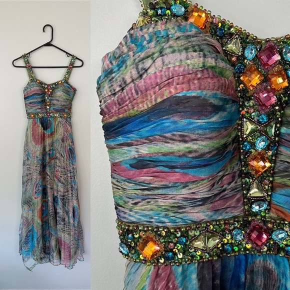 Jovani Dresses & Skirts - Jovani Emerald Green Peacock Bejeweled Sparkly Y2K Silk Prom Dress Gown Size 2